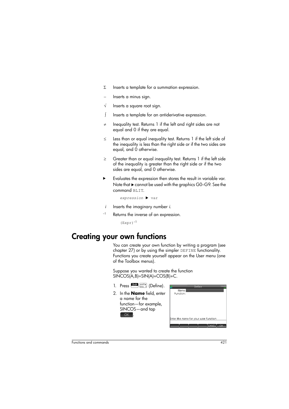 Creating your own functions | HP Prime Graphing Calculator User Manual | Page 427 / 616