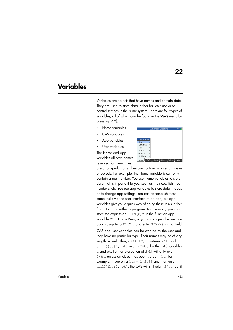 Variables, 22 variables | HP Prime Graphing Calculator User Manual | Page 429 / 616