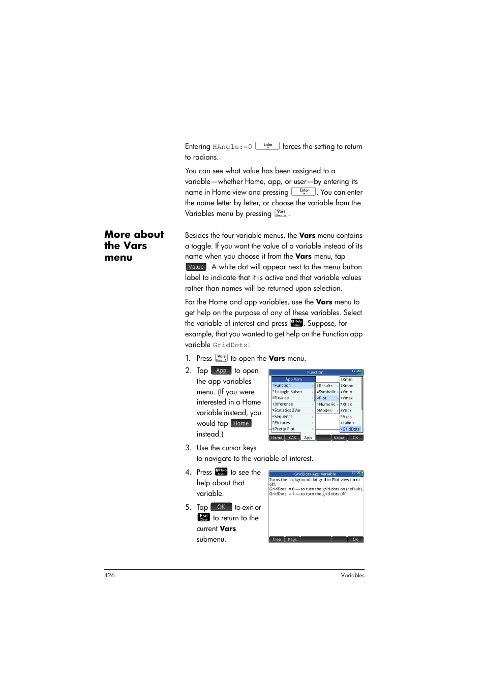 More about the vars menu | HP Prime Graphing Calculator User Manual | Page 432 / 616