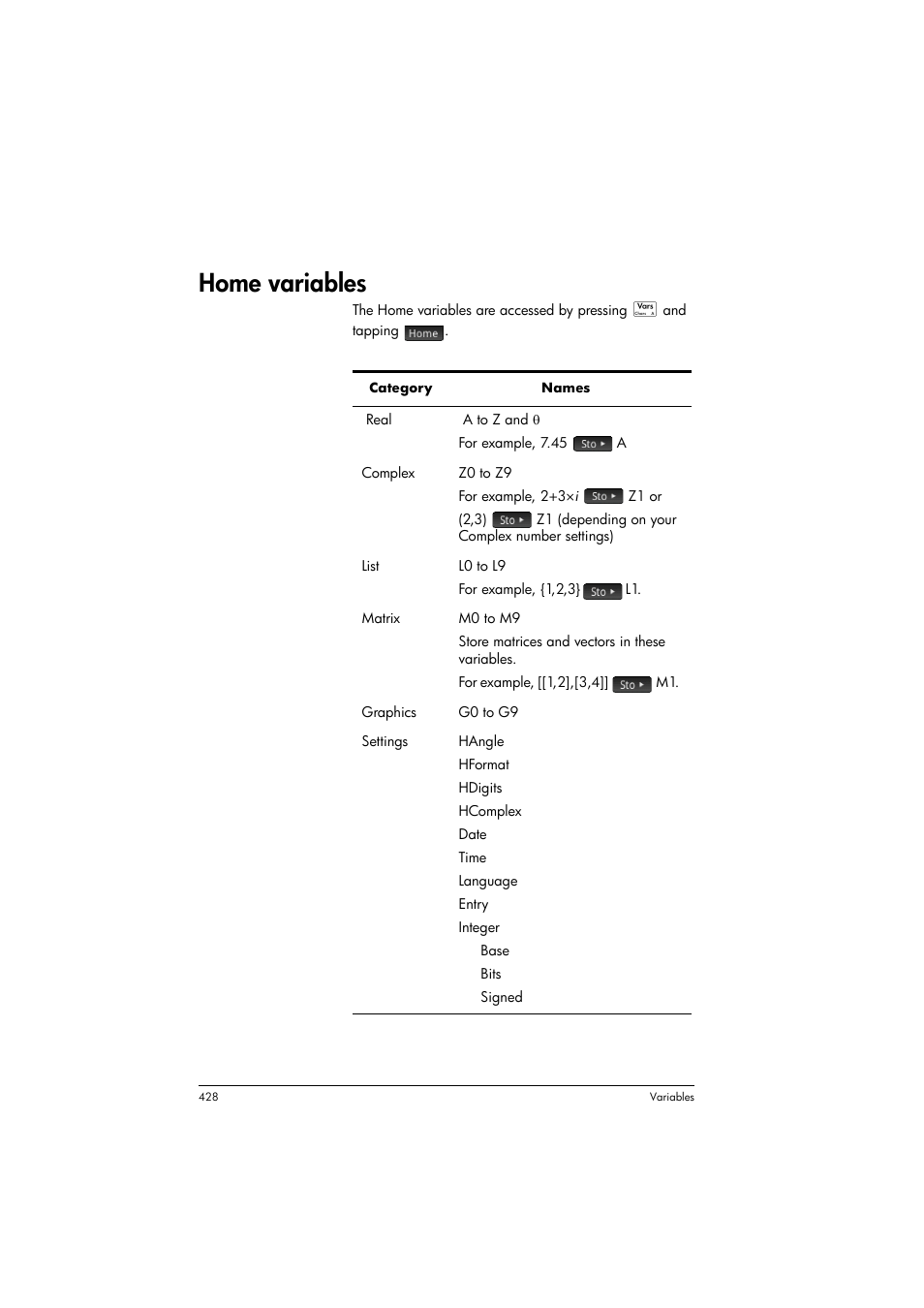 Home variables | HP Prime Graphing Calculator User Manual | Page 434 / 616