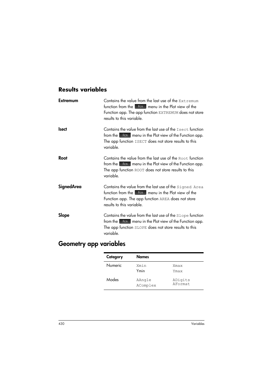 Geometry app variables, Results variables | HP Prime Graphing Calculator User Manual | Page 436 / 616