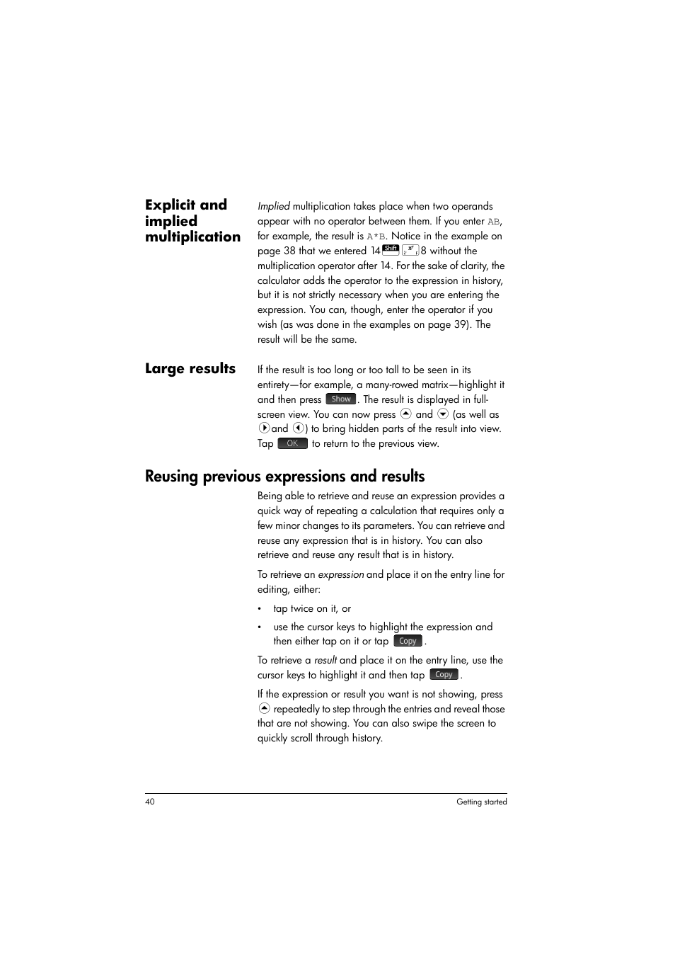 Reusing previous expressions and results, Explicit and implied multiplication, Large results | HP Prime Graphing Calculator User Manual | Page 44 / 616