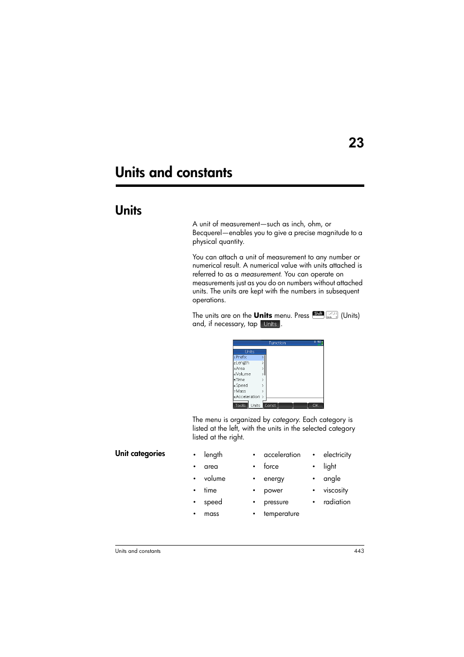 Units and constants, Units, 23 units and constants | HP Prime Graphing Calculator User Manual | Page 449 / 616