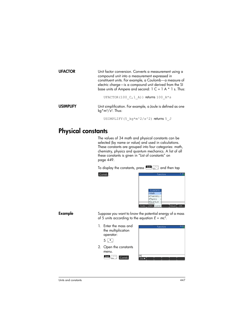 Physical constants | HP Prime Graphing Calculator User Manual | Page 453 / 616