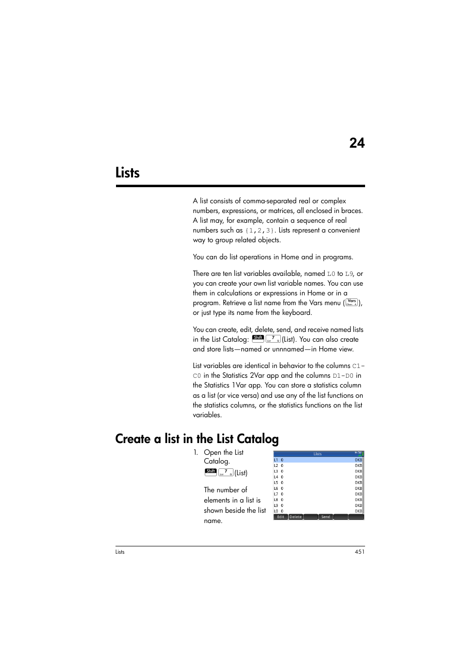Lists, Create a list in the list catalog, 24 lists | HP Prime Graphing Calculator User Manual | Page 457 / 616