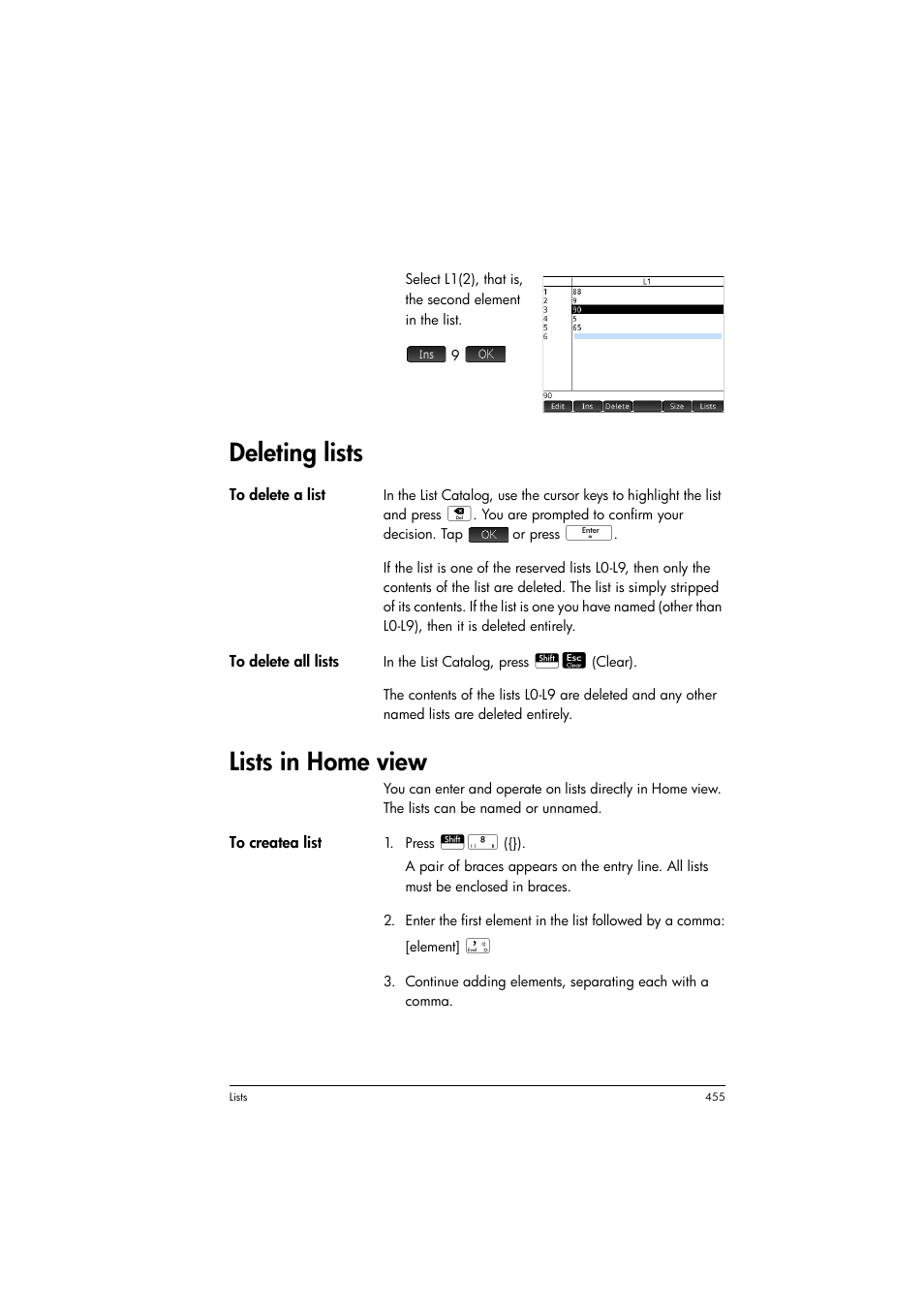 Deleting lists, Lists in home view | HP Prime Graphing Calculator User Manual | Page 461 / 616