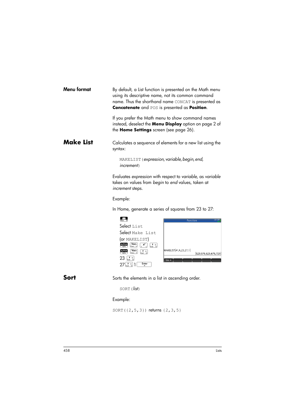 Make list, Sort | HP Prime Graphing Calculator User Manual | Page 464 / 616