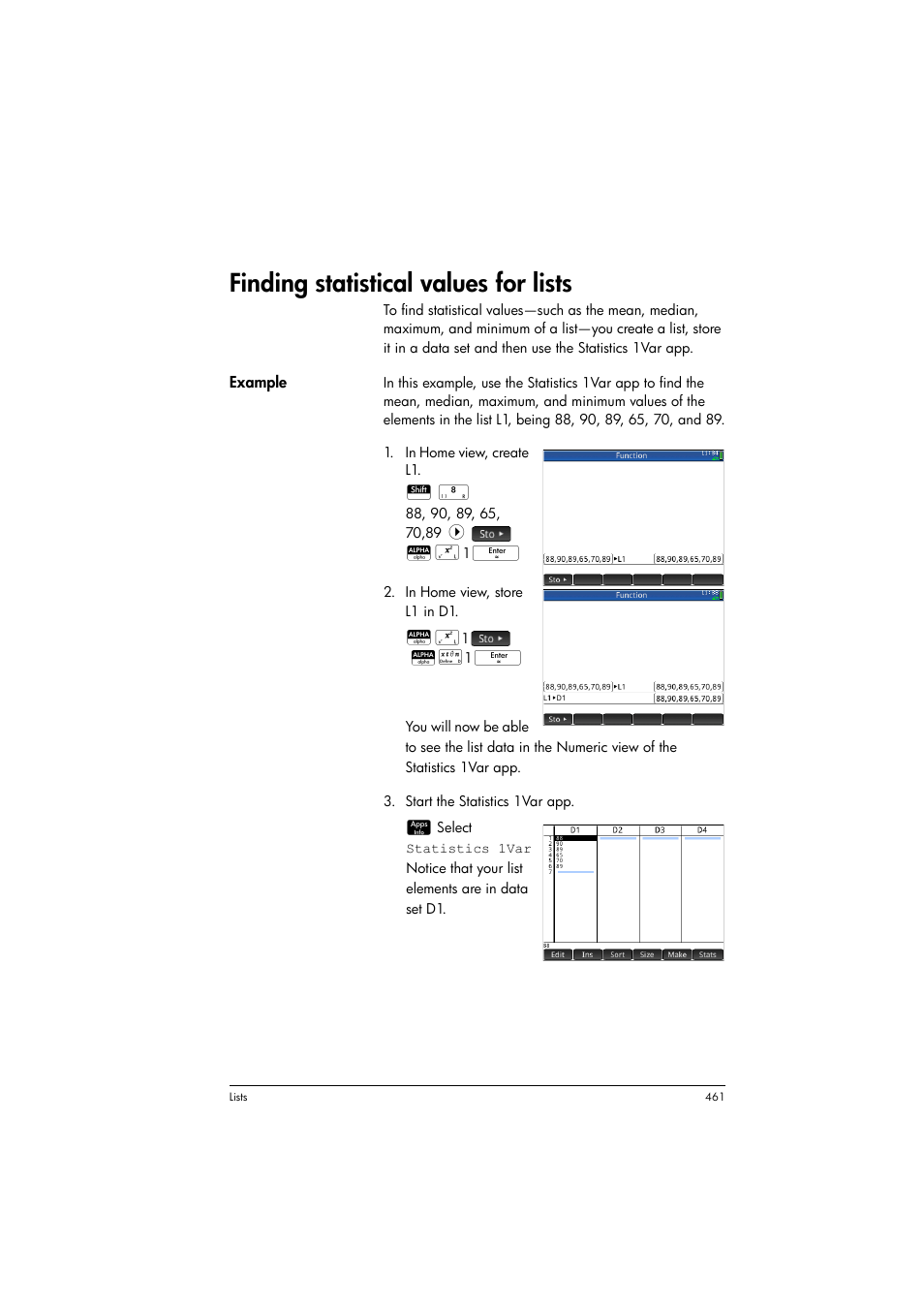 Finding statistical values for lists | HP Prime Graphing Calculator User Manual | Page 467 / 616