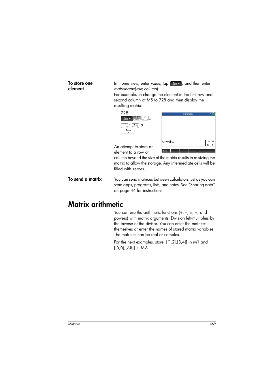Matrix arithmetic | HP Prime Graphing Calculator User Manual | Page 475 / 616
