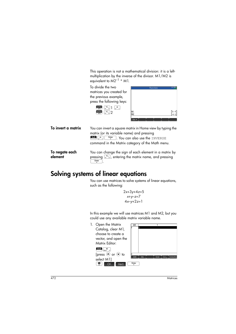 Solving systems of linear equations | HP Prime Graphing Calculator User Manual | Page 478 / 616