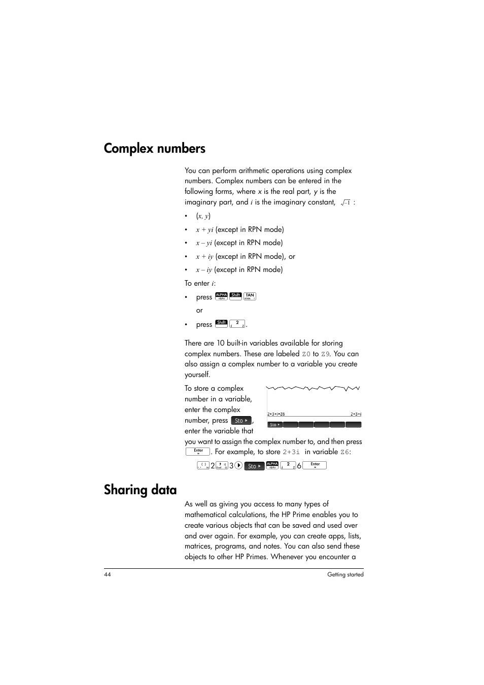 Complex numbers, Sharing data | HP Prime Graphing Calculator User Manual | Page 48 / 616