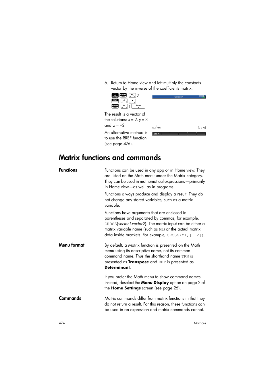 Matrix functions and commands | HP Prime Graphing Calculator User Manual | Page 480 / 616