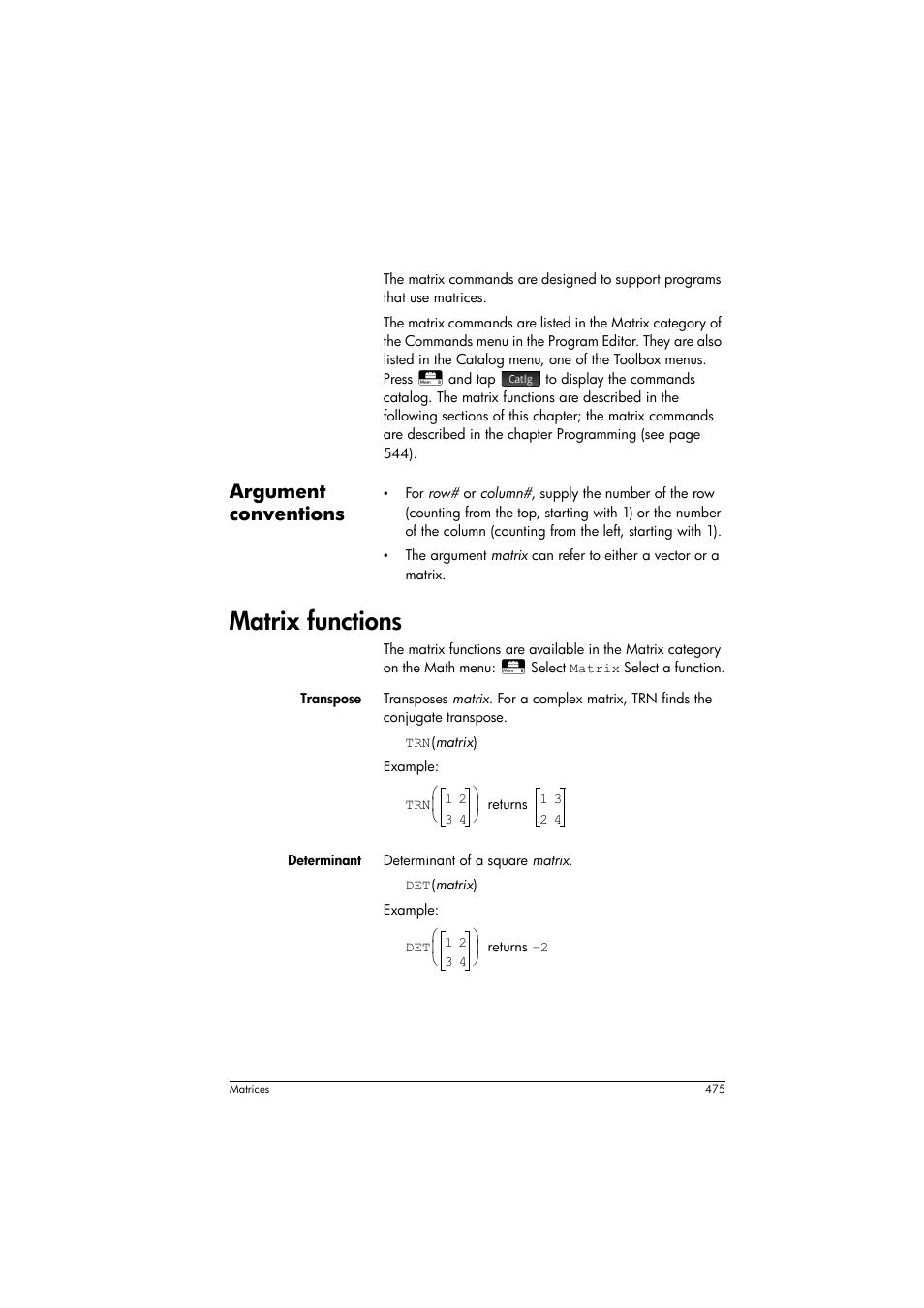 Matrix functions, Argument conventions | HP Prime Graphing Calculator User Manual | Page 481 / 616