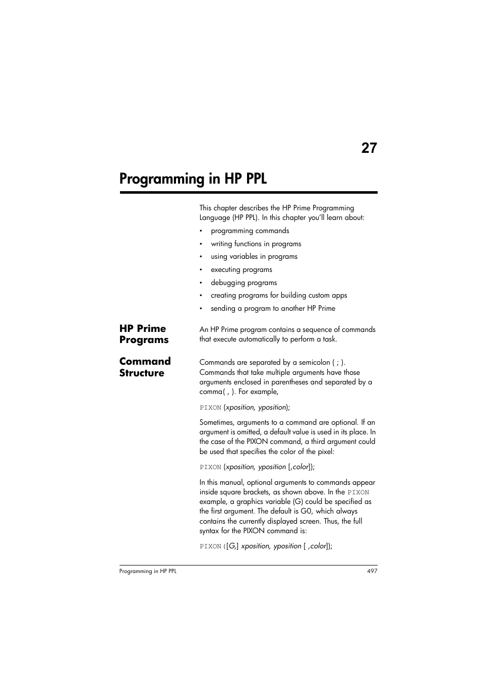 Programming in hp ppl, 27 programming in hp ppl, Hp prime programs | Command structure | HP Prime Graphing Calculator User Manual | Page 503 / 616
