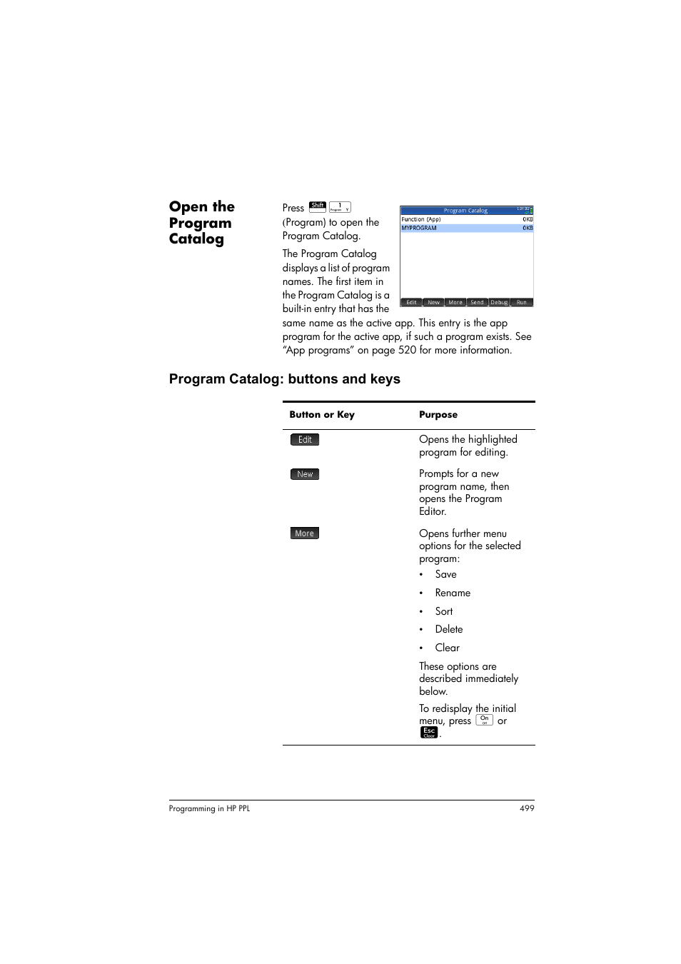 Open the program catalog, Program catalog: buttons and keys | HP Prime Graphing Calculator User Manual | Page 505 / 616