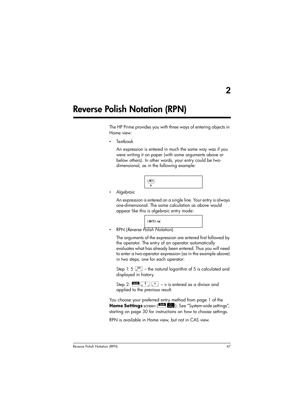 Reverse polish notation (rpn), 2reverse polish notation (rpn) | HP Prime Graphing Calculator User Manual | Page 51 / 616