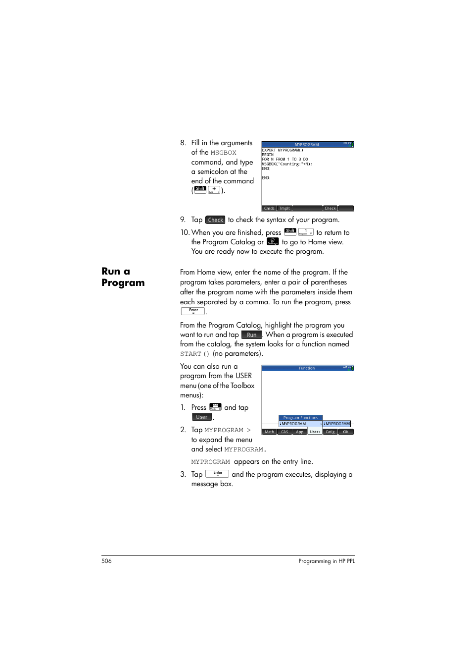 Run a program | HP Prime Graphing Calculator User Manual | Page 512 / 616