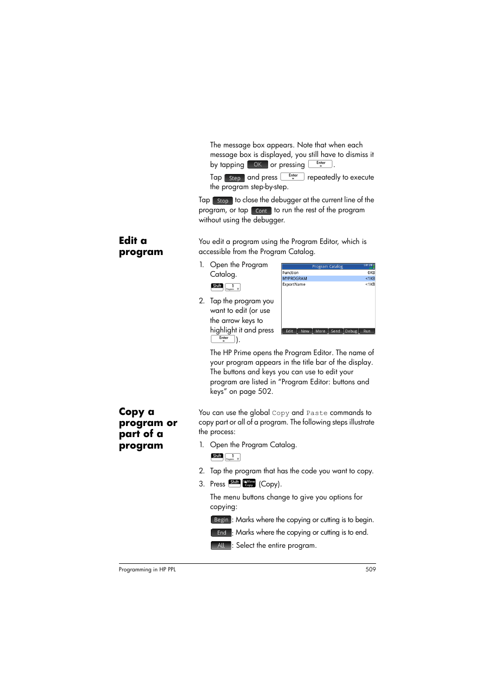 Edit a program, Copy a program or part of a program | HP Prime Graphing Calculator User Manual | Page 515 / 616