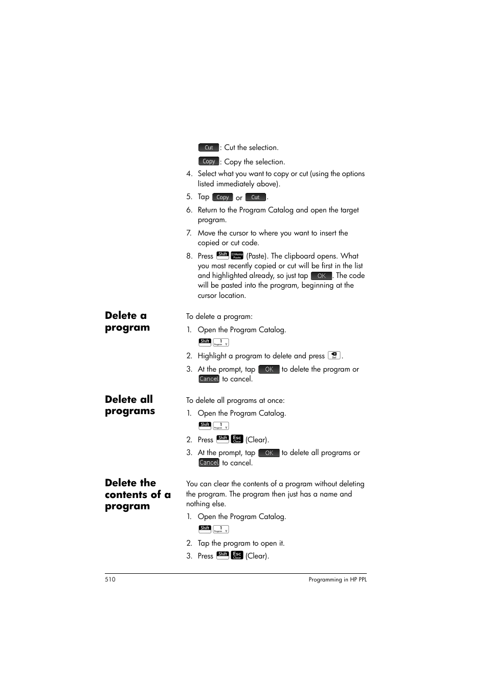 Delete a program, Delete all programs, Delete the contents of a program | HP Prime Graphing Calculator User Manual | Page 516 / 616