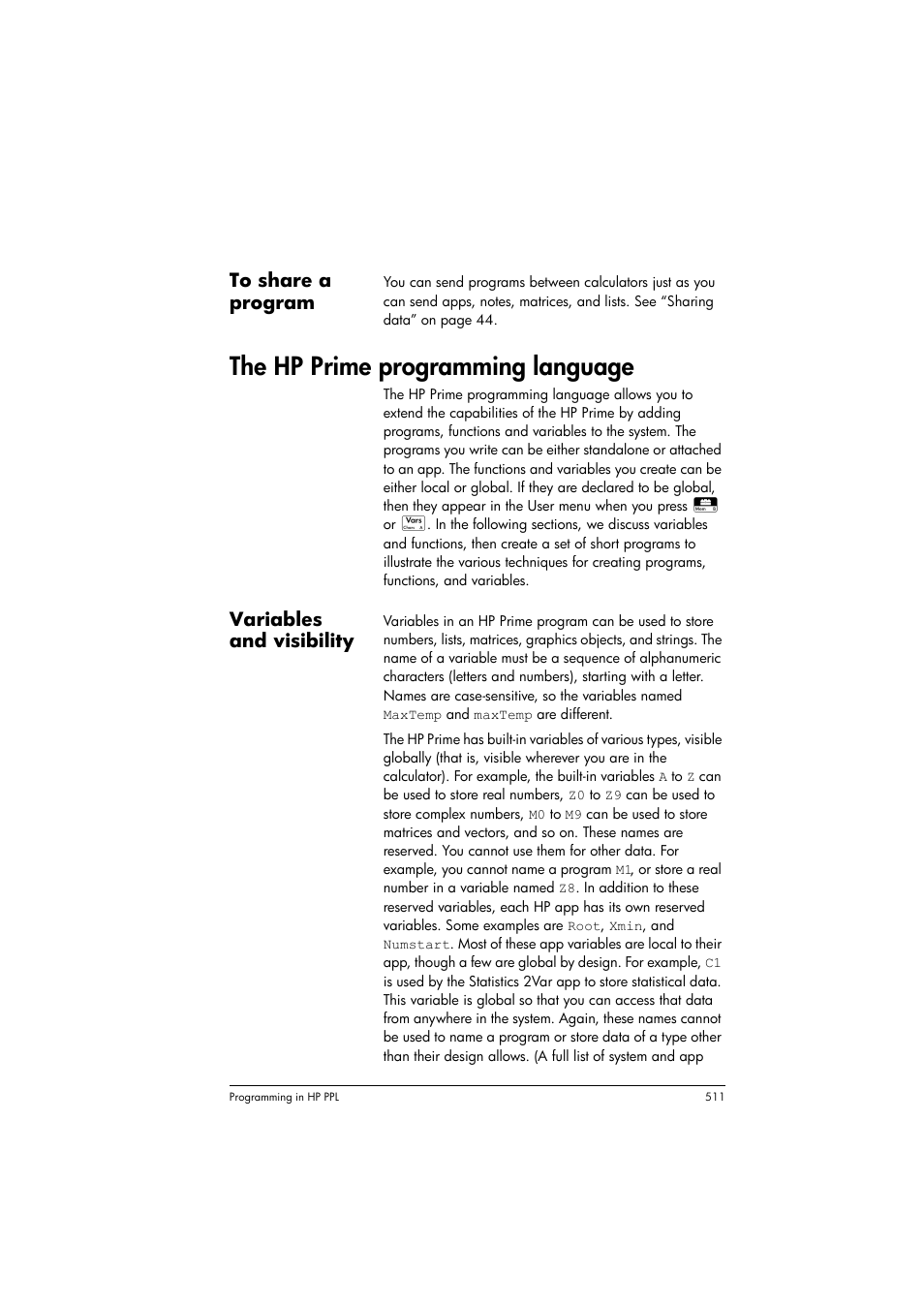The hp prime programming language, Variables and visibility | HP Prime Graphing Calculator User Manual | Page 517 / 616