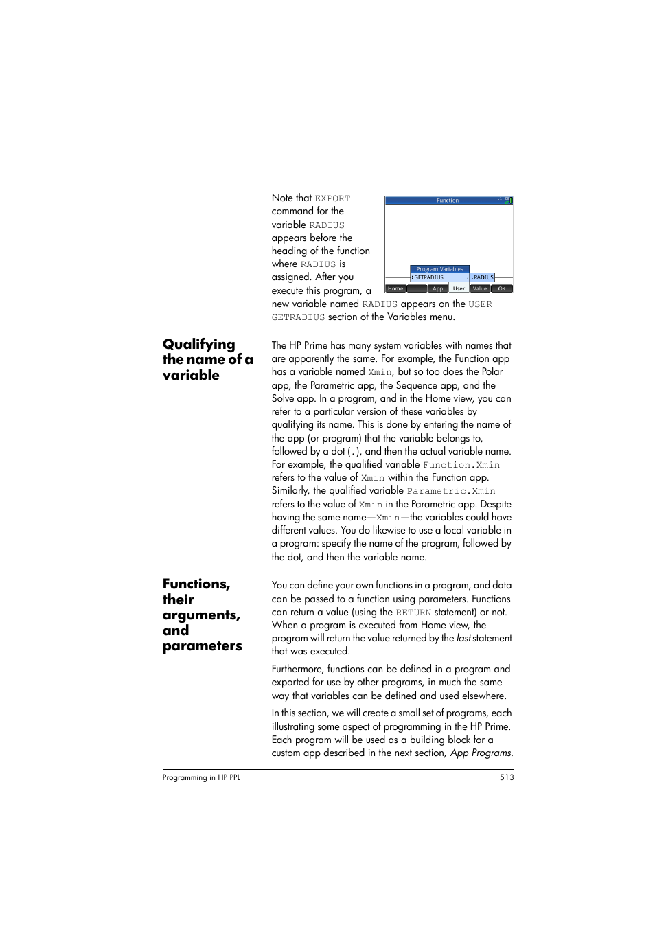 Qualifying the name of a variable, Functions, their arguments, and parameters | HP Prime Graphing Calculator User Manual | Page 519 / 616