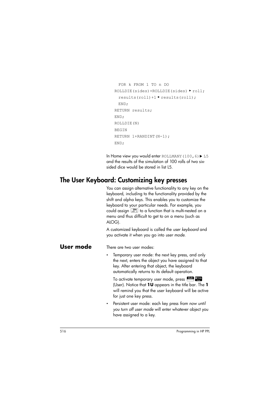 The user keyboard: customizing key presses, User mode | HP Prime Graphing Calculator User Manual | Page 522 / 616