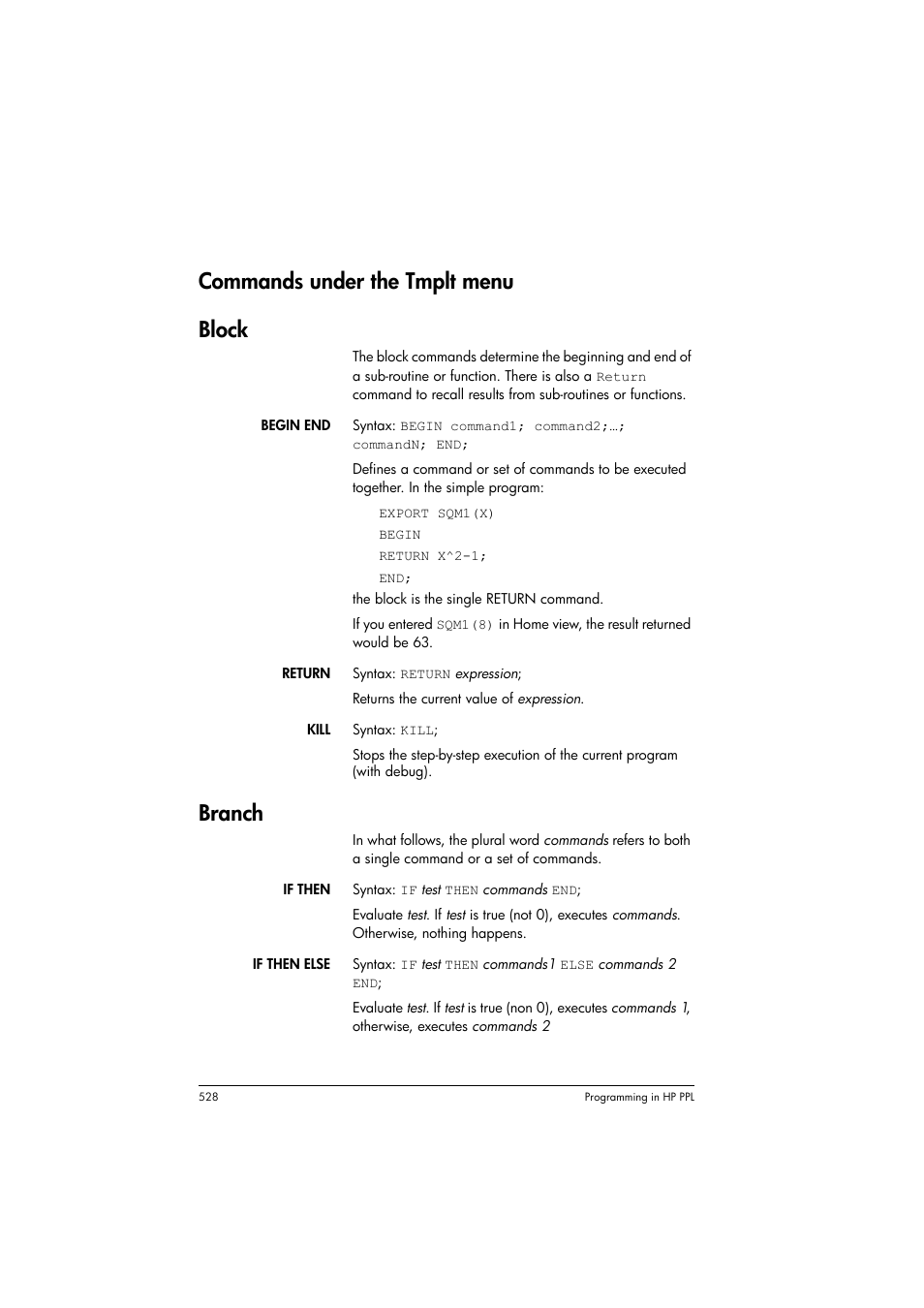 Commands under the tmplt menu, Block, Branch | Commands, Under the tmplt menu, Commands under the tmplt menu block | HP Prime Graphing Calculator User Manual | Page 534 / 616
