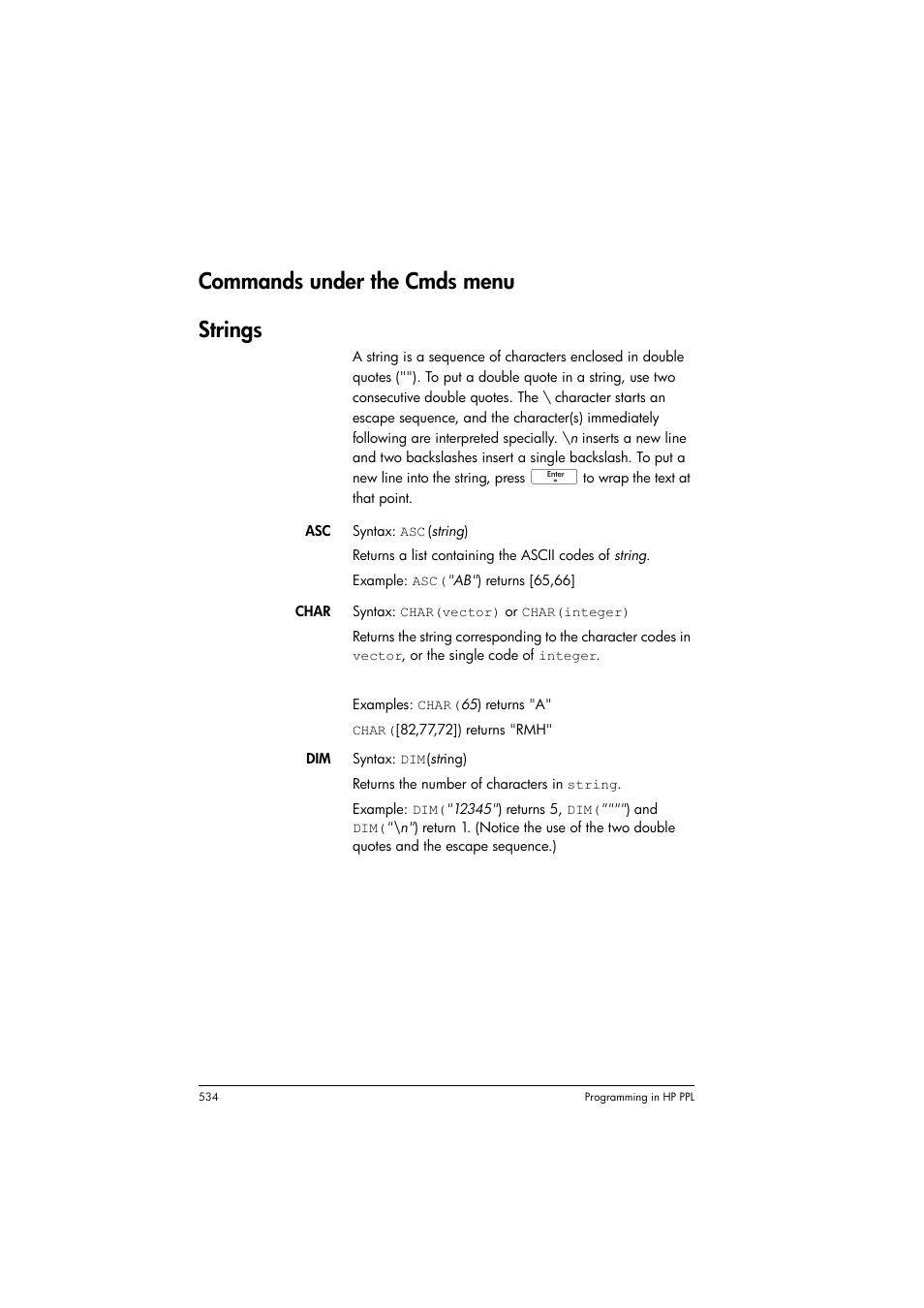 Commands under the cmds menu, Strings, Commands | Under the cmds menu, Commands under the cmds menu strings | HP Prime Graphing Calculator User Manual | Page 540 / 616