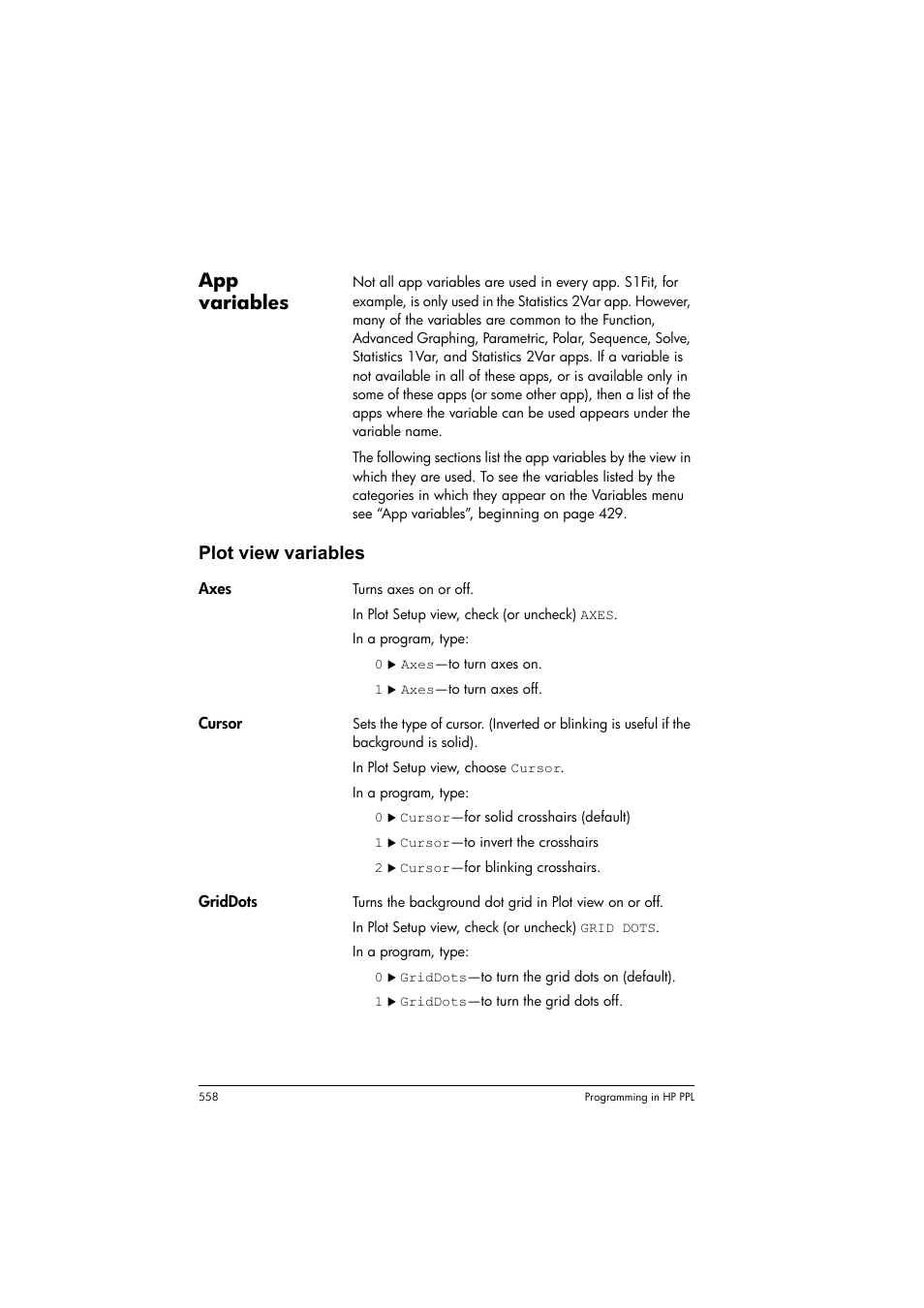 App variables, Plot view variables | HP Prime Graphing Calculator User Manual | Page 564 / 616