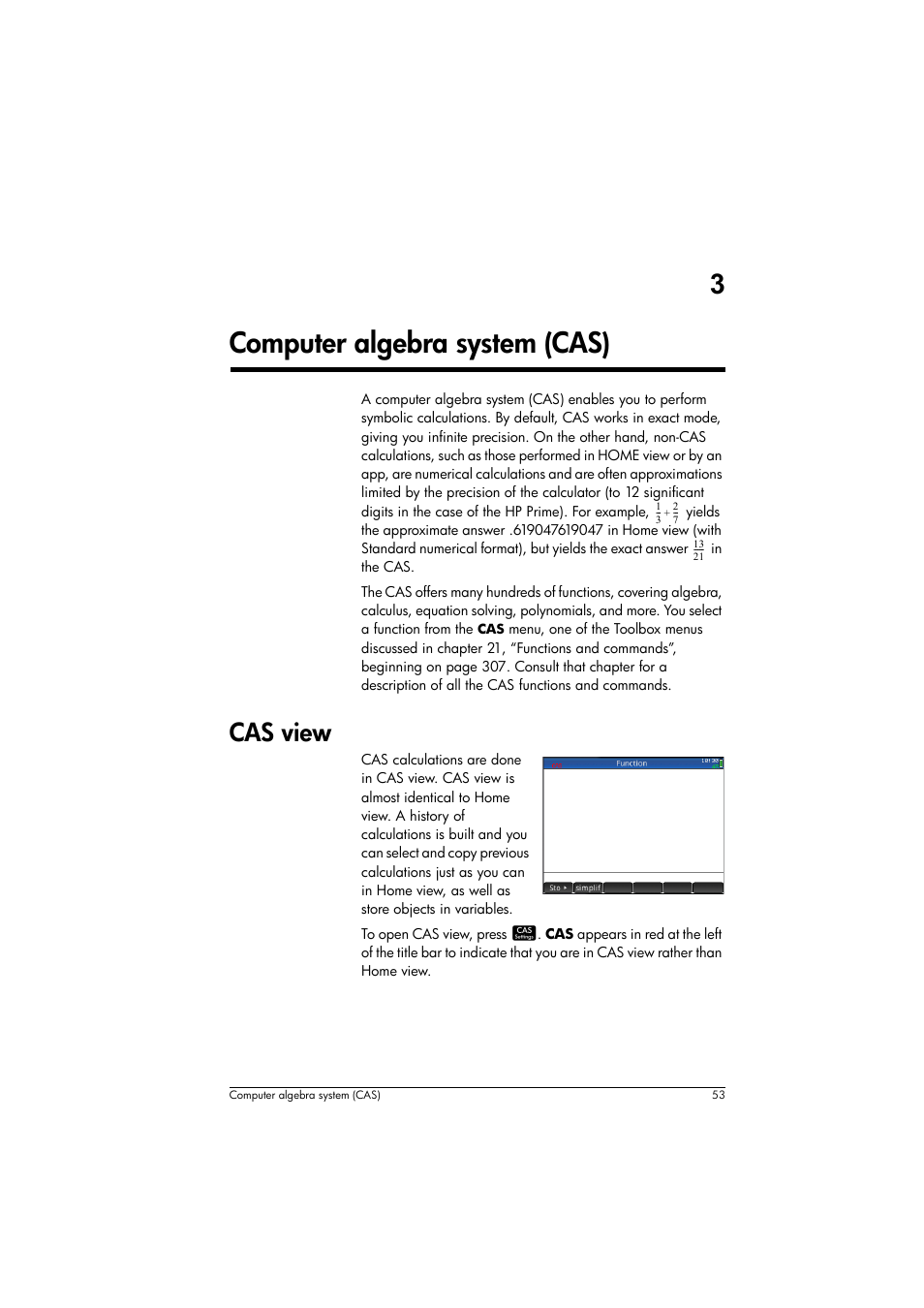Computer algebra system (cas), Cas view, 3computer algebra system (cas) | HP Prime Graphing Calculator User Manual | Page 57 / 616