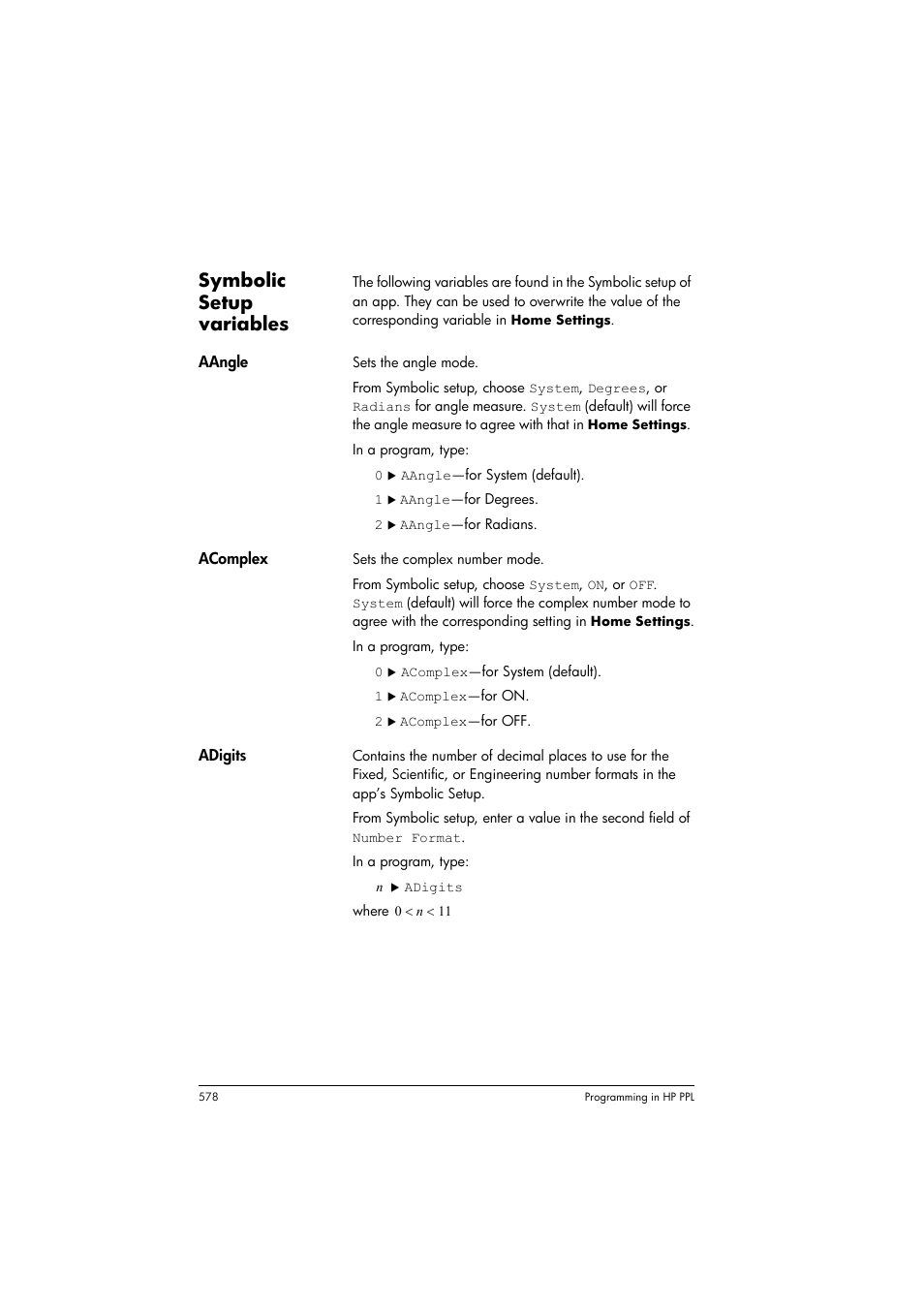 Symbolic setup variables | HP Prime Graphing Calculator User Manual | Page 584 / 616