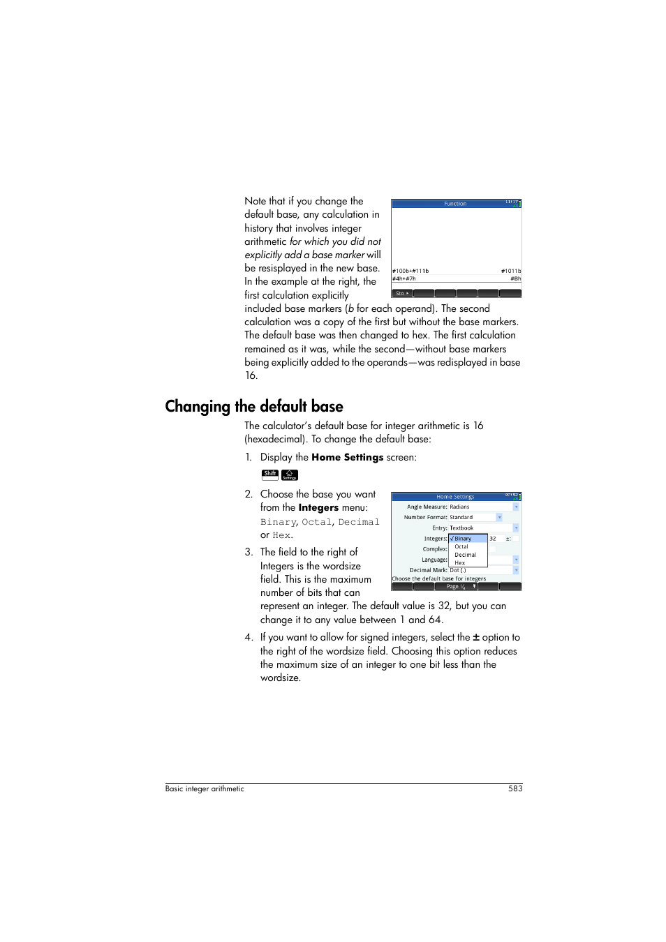 Changing the default base | HP Prime Graphing Calculator User Manual | Page 589 / 616