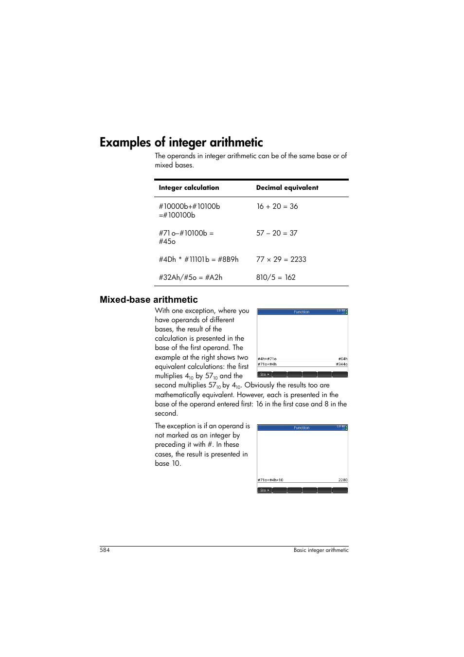 Examples of integer arithmetic, Mixed-base arithmetic | HP Prime Graphing Calculator User Manual | Page 590 / 616