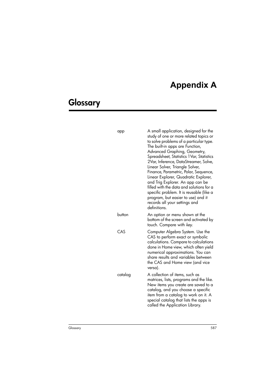 Glossary, Appendix a glossary | HP Prime Graphing Calculator User Manual | Page 593 / 616
