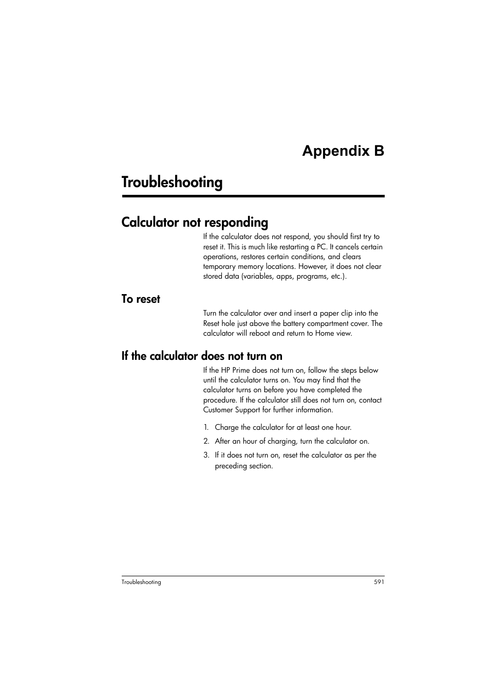 Troubleshooting, Calculator not responding, To reset | If the calculator does not turn on, Appendix b troubleshooting | HP Prime Graphing Calculator User Manual | Page 597 / 616