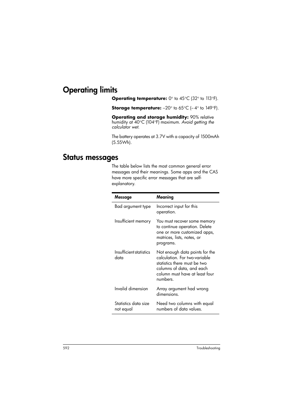 Operating limits, Status messages | HP Prime Graphing Calculator User Manual | Page 598 / 616