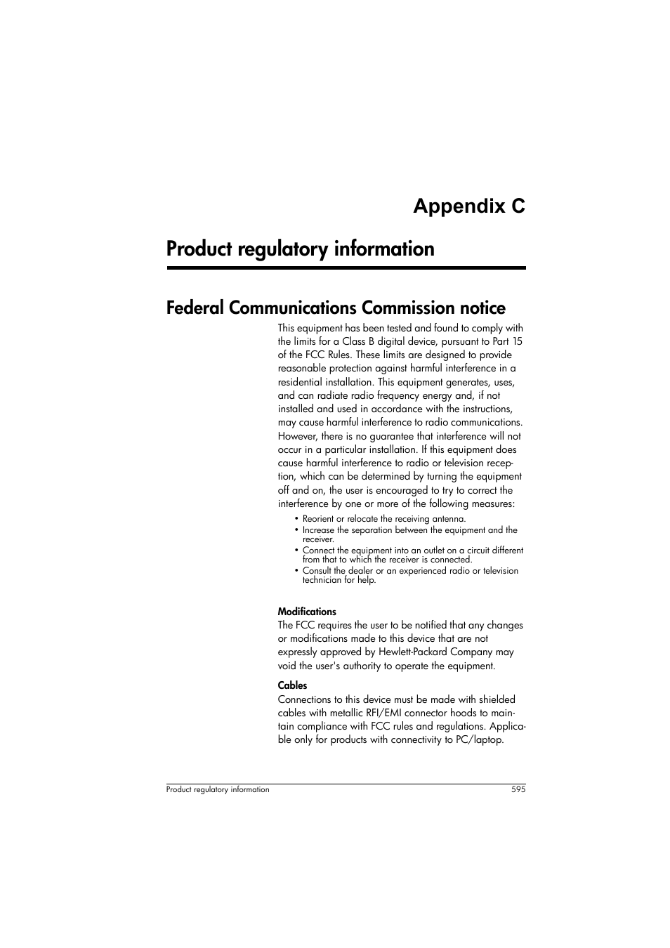 Product regulatory information, Federal communications commission notice, Appendix c product regulatory information | HP Prime Graphing Calculator User Manual | Page 601 / 616
