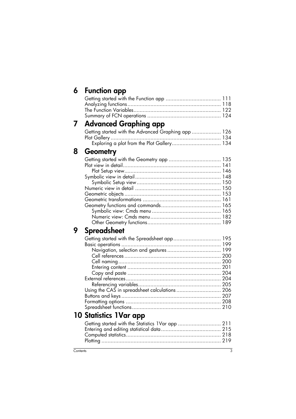 6 function app, 7 advanced graphing app, 8 geometry | 9 spreadsheet, 10 statistics 1var app | HP Prime Graphing Calculator User Manual | Page 7 / 616