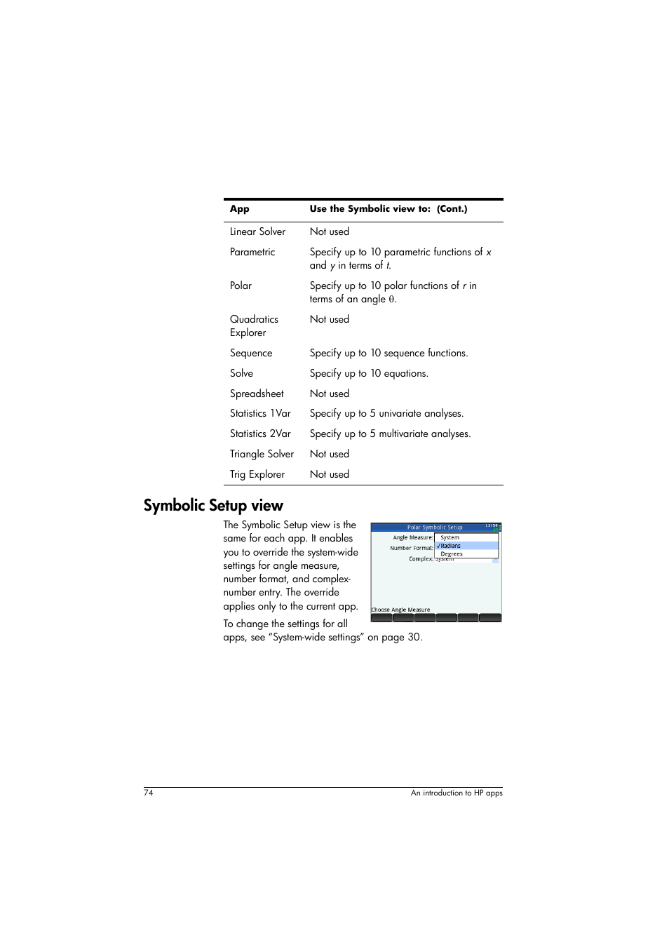 Symbolic setup view | HP Prime Graphing Calculator User Manual | Page 78 / 616
