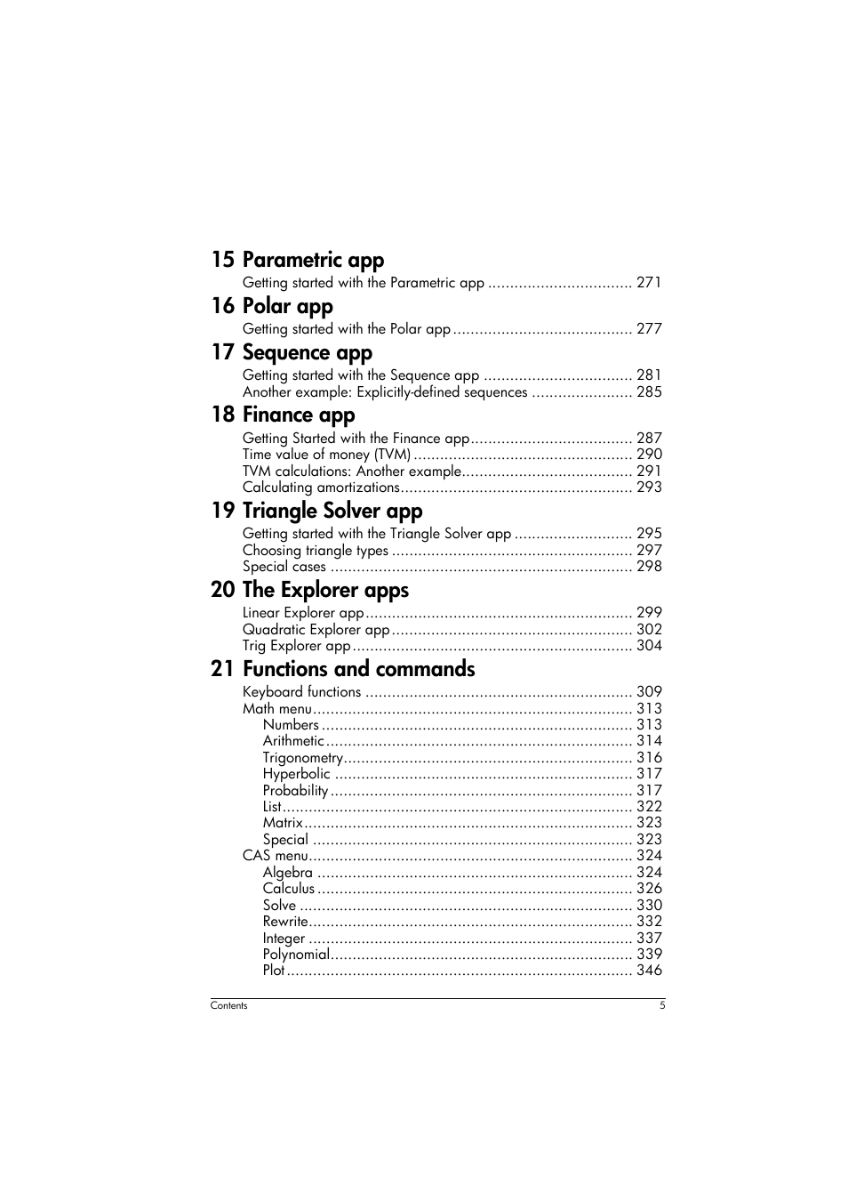 15 parametric app, 16 polar app, 17 sequence app | 18 finance app, 19 triangle solver app, 20 the explorer apps, 21 functions and commands | HP Prime Graphing Calculator User Manual | Page 9 / 616