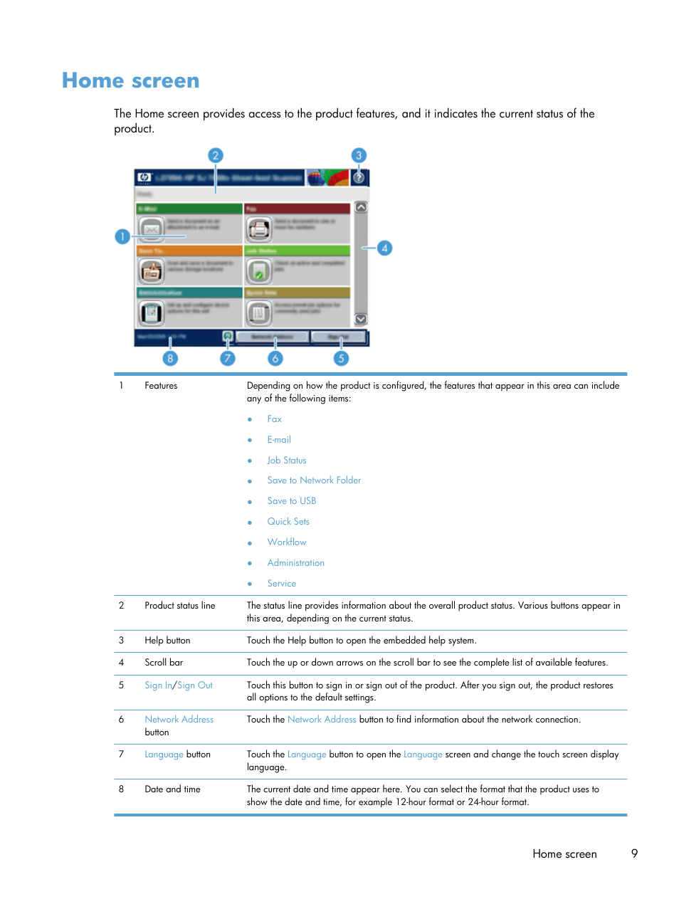 Home screen | HP Scanjet Enterprise 8500 fn1 Document Capture-Workstation User Manual | Page 17 / 105
