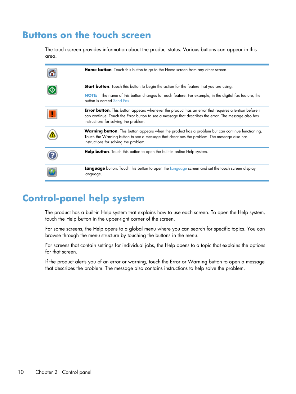 Buttons on the touch screen, Control-panel help system | HP Scanjet Enterprise 8500 fn1 Document Capture-Workstation User Manual | Page 18 / 105