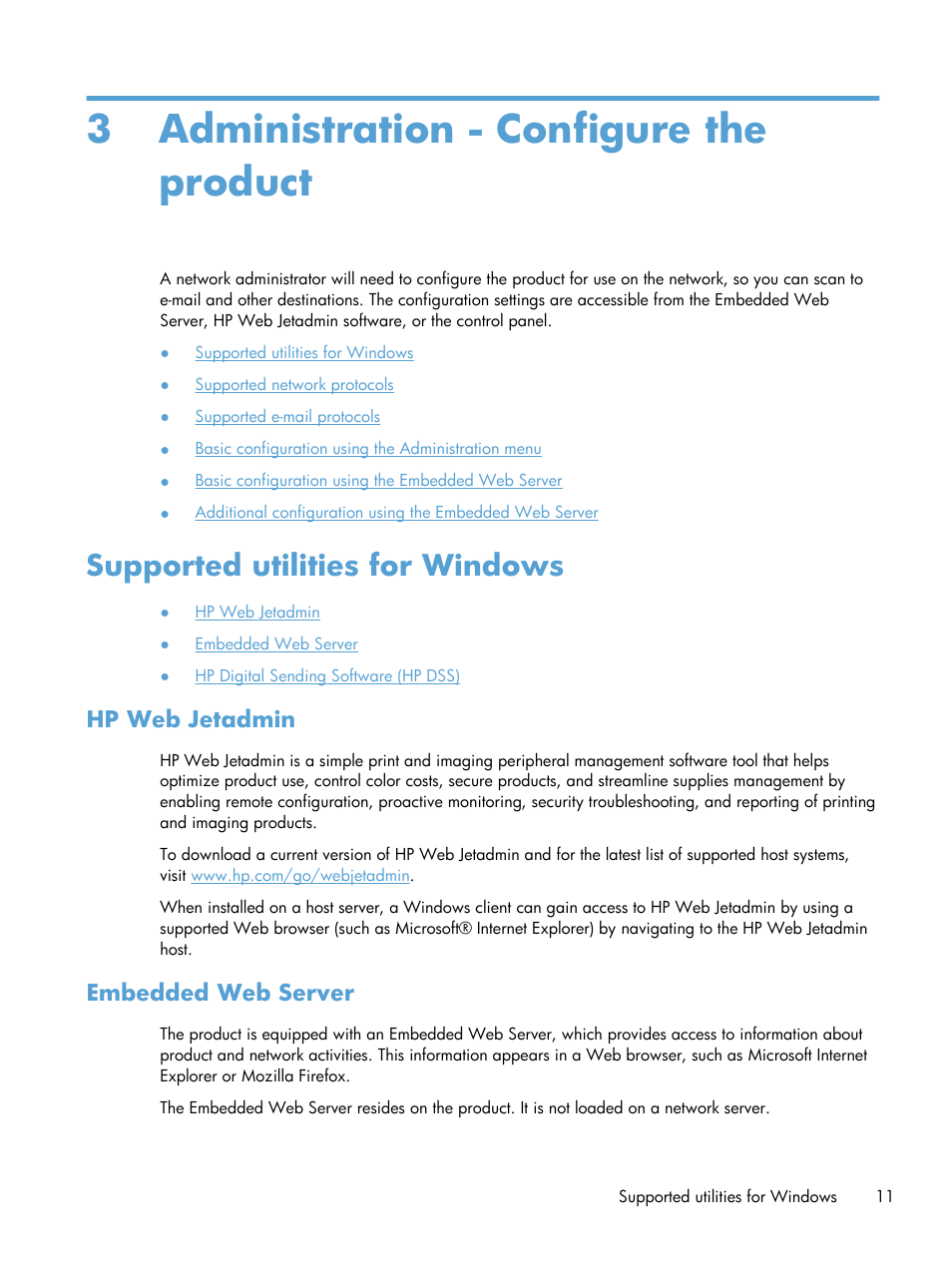 Administration - configure the product, Supported utilities for windows, Hp web jetadmin | Embedded web server, 3 administration - configure the product, Hp web jetadmin embedded web server | HP Scanjet Enterprise 8500 fn1 Document Capture-Workstation User Manual | Page 19 / 105