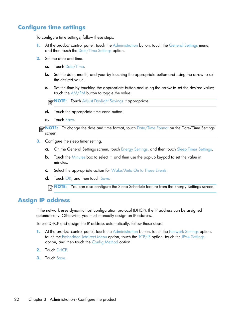 Configure time settings, Assign ip address, Configure time settings assign ip address | HP Scanjet Enterprise 8500 fn1 Document Capture-Workstation User Manual | Page 30 / 105