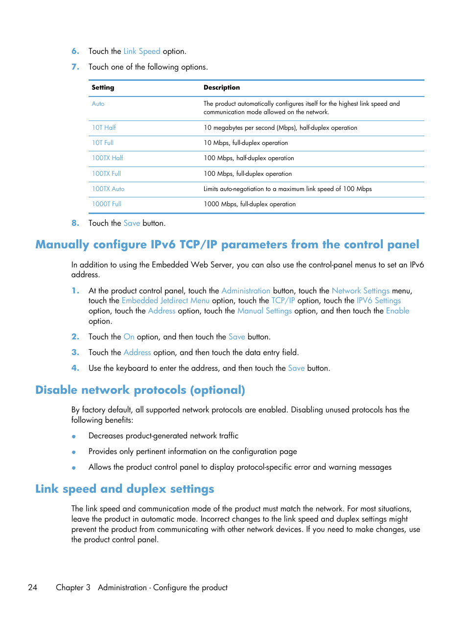 Disable network protocols (optional), Link speed and duplex settings | HP Scanjet Enterprise 8500 fn1 Document Capture-Workstation User Manual | Page 32 / 105