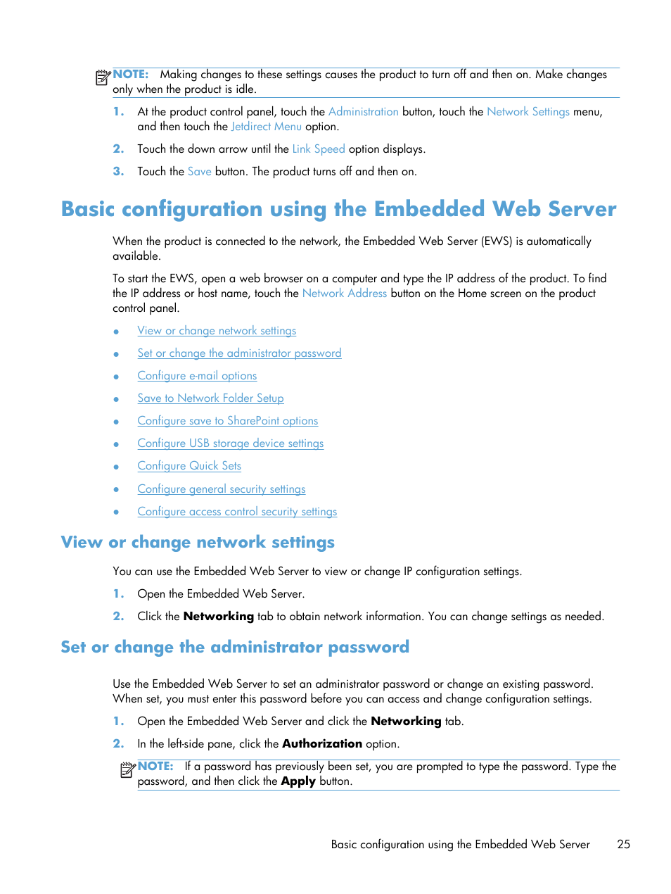 Basic configuration using the embedded web server, View or change network settings, Set or change the administrator password | HP Scanjet Enterprise 8500 fn1 Document Capture-Workstation User Manual | Page 33 / 105