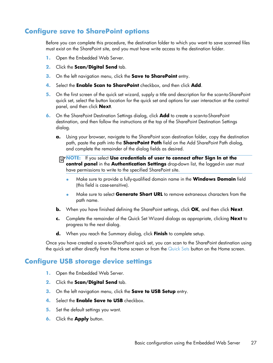 Configure save to sharepoint options, Configure usb storage device settings | HP Scanjet Enterprise 8500 fn1 Document Capture-Workstation User Manual | Page 35 / 105