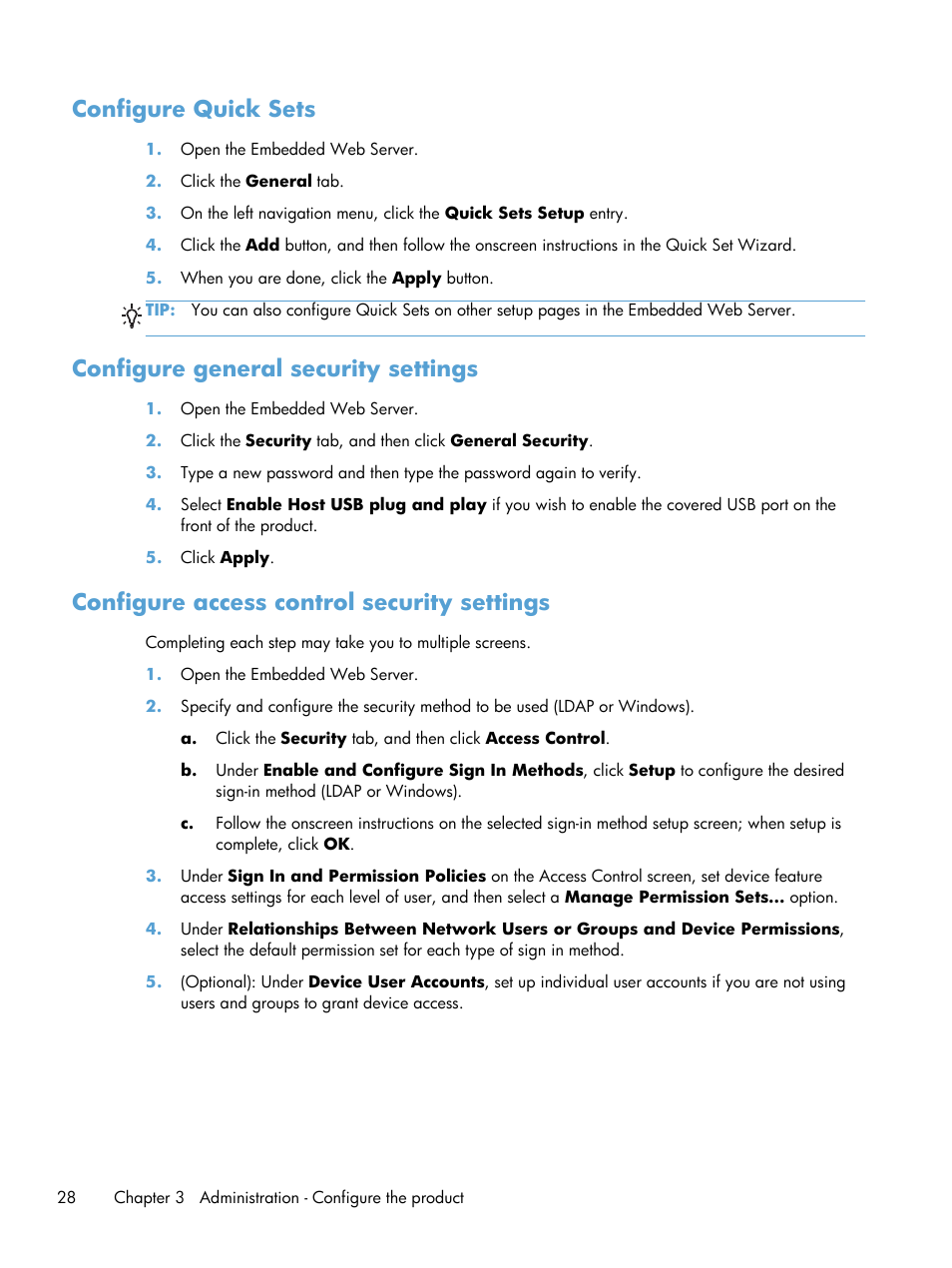 Configure quick sets, Configure general security settings, Configure access control security settings | HP Scanjet Enterprise 8500 fn1 Document Capture-Workstation User Manual | Page 36 / 105