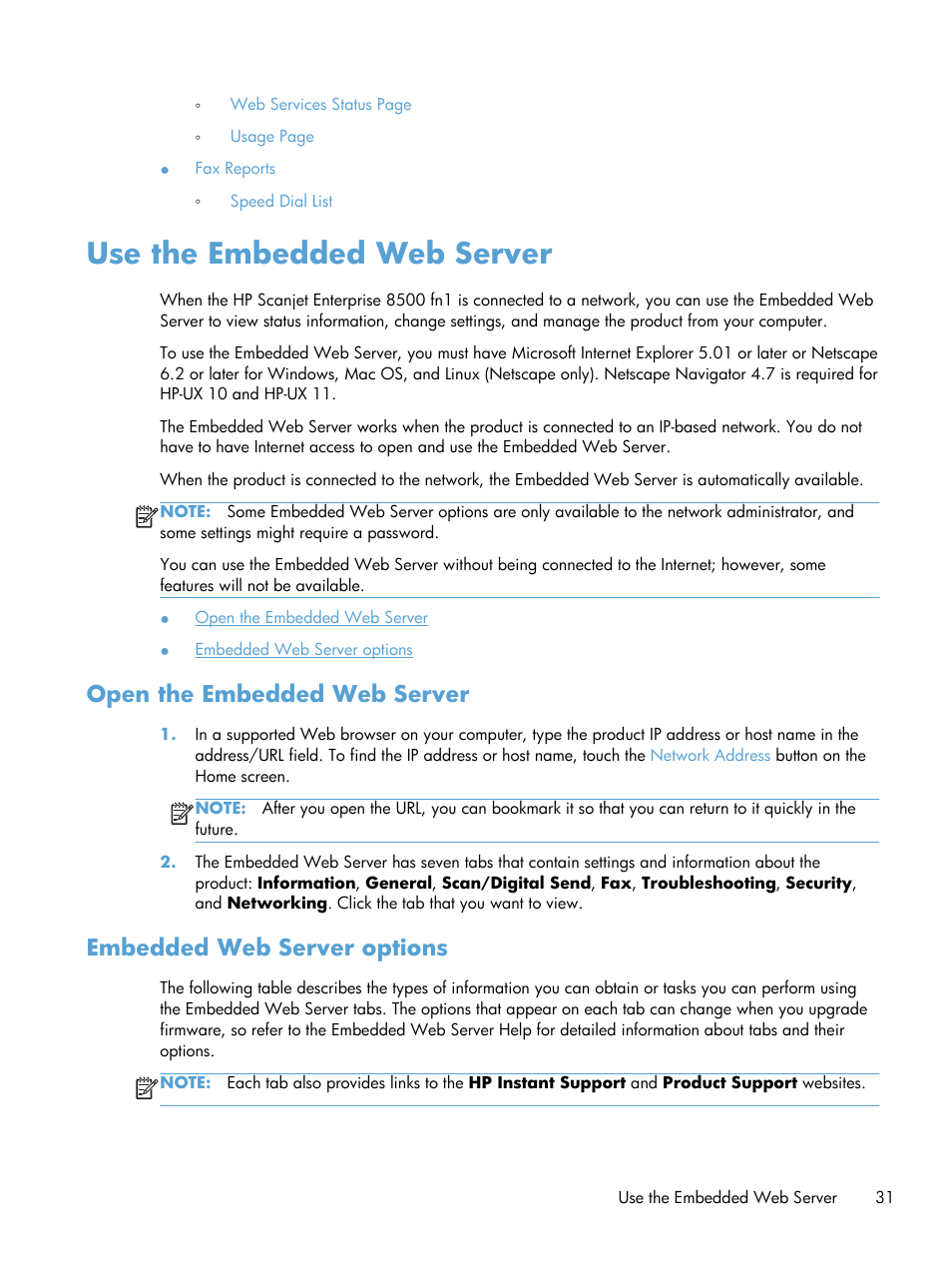 Use the embedded web server, Open the embedded web server, Embedded web server options | HP Scanjet Enterprise 8500 fn1 Document Capture-Workstation User Manual | Page 39 / 105