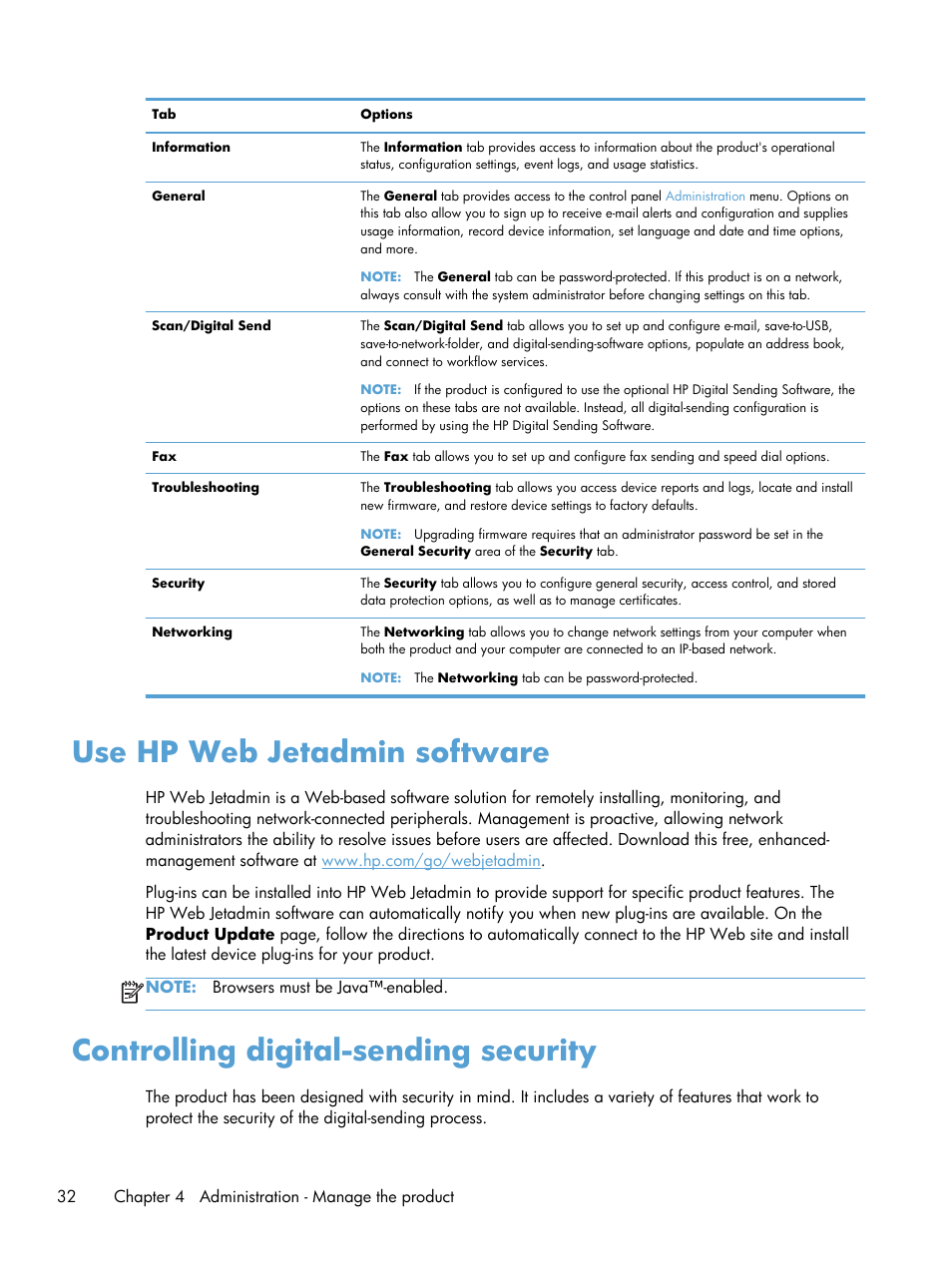 Use hp web jetadmin software, Controlling digital-sending security | HP Scanjet Enterprise 8500 fn1 Document Capture-Workstation User Manual | Page 40 / 105